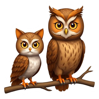 Owl on a branch with a cat's head sticker