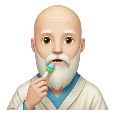 completely bald guy, with a long, white wizard beard tied down in a hair tie, eating a strand of dna sticker