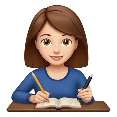 happy woman with brown hair writing a book sticker