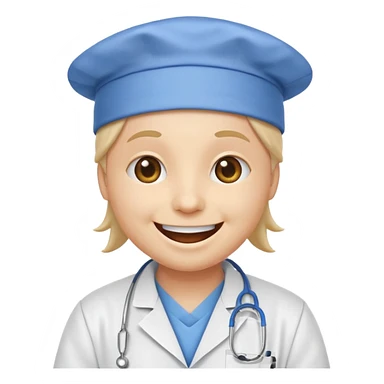 iPhone emoji style smiley face with a huge, exaggerated grin, in a white lab coat and blue surgical cap sticker