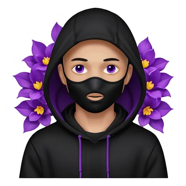no visible face non human cartoon character related to a shadow, with all black clothes, focusing a black hoodie, and a versace face mask covering his entire face, just his purple shadow eyes making a light bloom sticker