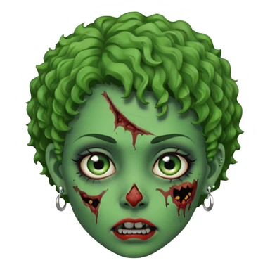 faça uma cabeça verde de zumbi femenina, com im cabelo curtinho cacheado, piercing no nariz, e brincos na orelha e várias cicatrizes sticker