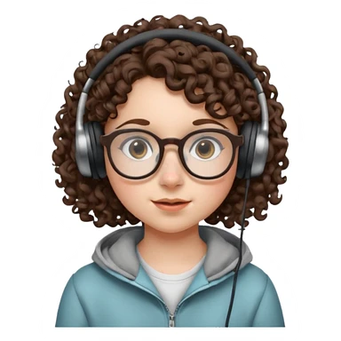 brunette kid with unique face features and very curly hair kid girl neutral and big glasess and big nose and dark eyes with freckles kind of nerd looking and headphone wearing sticker