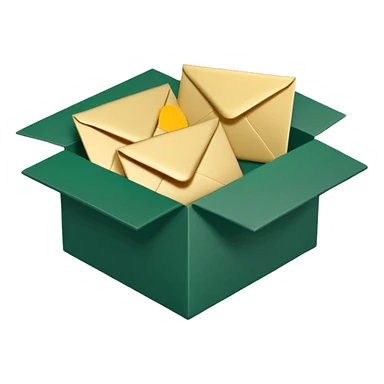 3D minimal open box with multiple envelopes floating out of it, matte finish, deep green (#0B3D2C) box, cream white (#F5F5DC) envelopes, subtle gold (#C9B037) accents, Apple style, ultra sleek, soft shadow, transparent background sticker