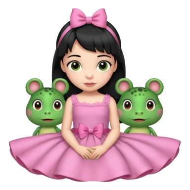 princess frog on bed pink bow with a pink dress cute girly pop black hair short baby bangs sticker