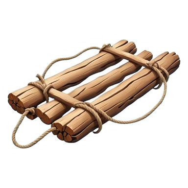 showing a simple wooden raft floating on calm blue water — made of several brown logs tied together with rope — gentle ripples around it — bright, cheerful lighting and soft shadows — minimalist, clean emoji design sticker