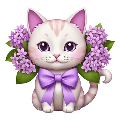 white and pink detailed cat holding lilac flowers with a big bow on its neck, emoji style sticker