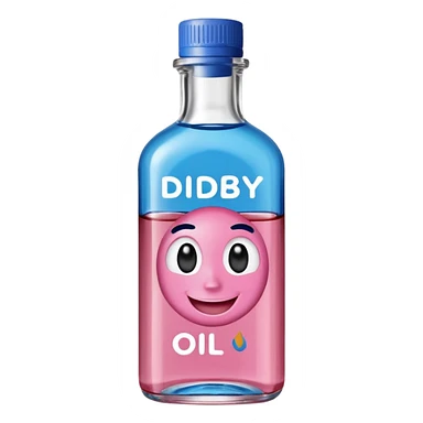 Smiling bottle of oil blue top pink outside with logo that says diddy oil sticker