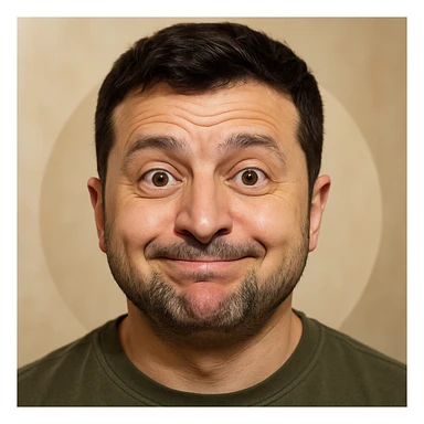 photorealistic emoji style portrait of Zelensky, round face, slightly goofy expression sticker