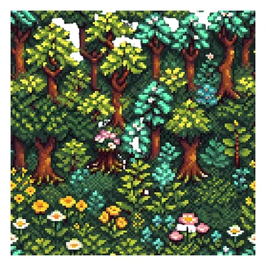 springtime forest with blooming flowers and green foliage in pixel art style sticker