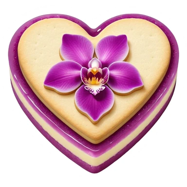 Realistic shortbread cookie in the shape of a heart with orchid color jelly middle filling and sprinkled powder sugar on top. sticker