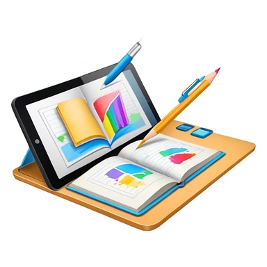 Colourfull Illustration icon, pencil, paintbrush, gel pen, graphic tablet or monitor with digital illustration, open book with sketches, minimalistic style, clean lines, transparent background. sticker
