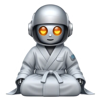 An emoji of a remote-working robot, sitting comfortably wrapped in a cozy bathrobe. The robot's head resembles a sleek, futuristic helmet with a smooth, reflective surface. Its eyes are not human-like but rather glowing digital slits or circular LED indicators. sticker