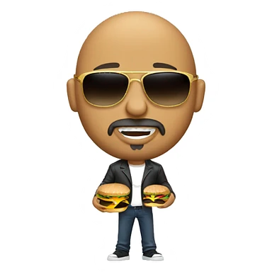 A bald guy with a goatee wearing sunglasses and a gold chain holding a hamburger  sticker