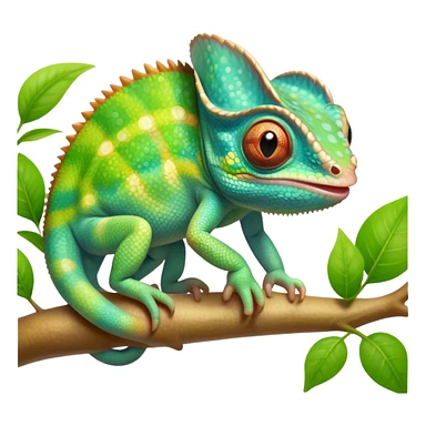 cinematic cute-smiling baby chameleon-realistic emoji,-blending-with-vibrant-greenery.-detailed-scales-in-shifting-colors,-showing-the-chameleon’s-ability-to-camouflage.-soft-natural-light-highlights-its-texture.-light-background, zoomed into its face sticker