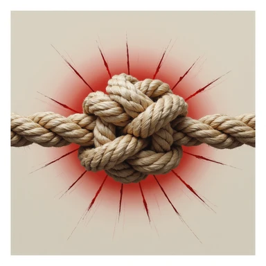 rope knot on white background with the central knot surrounded by a red halo and small lines suggesting pain or discomfort, realistic appearance, soft shading sticker
