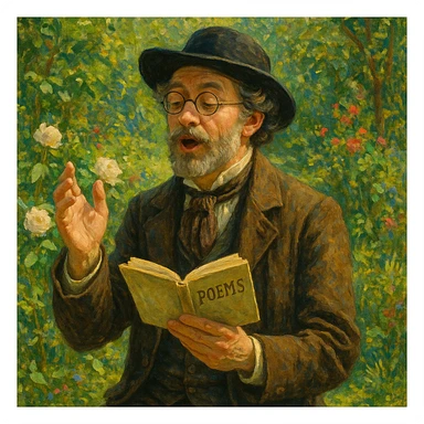 a creative poet with a chapeau and round glasses, dressed in old-fashioned clothes, reading poetry aloud in a lush garden sticker
