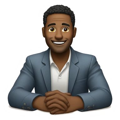 A man with sitting table and there hand on at our face and smiling  sticker