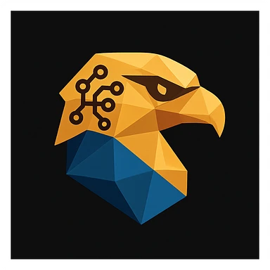 Create a mini icon version of the abstract eagle head logo in the same polygonal style and color palette. Make it compact and optimized for small sizes, adding a subtle AI element such as a digital brain pattern or neural network motif. Ensure the mini logo remains clean and recognizable. sticker