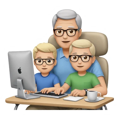 Middle aged man with glasses working at his desk, with his child sitting behind him on the head rest of his chair looking at his computer sticker