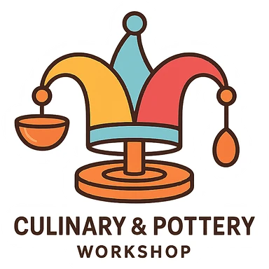 branding logo for culinary and pottery workshop featuring a jester's hat with subtle ceramic glaze, pottery wheel base, one bell is a clay bowl, another is a wooden spoon, warm inviting colors yellow, sky blue, raspberry red, playful and elegant sticker