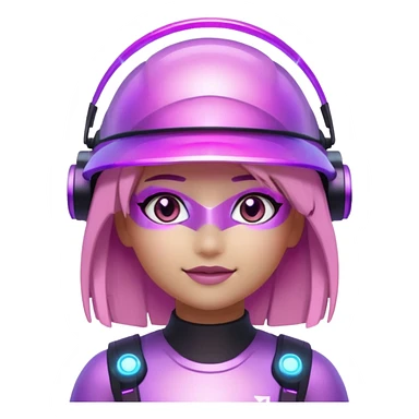 “Futuristic Roblox girl emoji, 2050 style. Pink-purple holo visor, light-strand hair, digital eyes sparkle, metallic pastel glow, neon aura background.” sticker