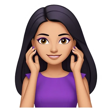 beautiful woman boss, with long straight black hair, with make up, black eye liner, smile, mexican, brown skin, wearing purple dress, she stand up, she replace hair behind her ear sticker