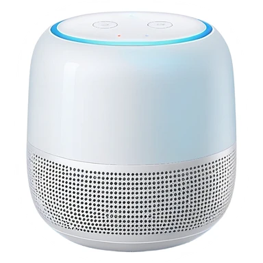 Modern Apple-style smart speaker, elegant and minimalist design with soft glow on top sticker