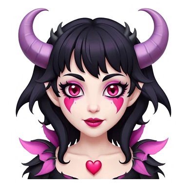 Succubus, pink irises, heart pupils, black shaggy hair, straight across fringe, grey skin, white horns curving towards forehead, succubus horns, flirty smile, full lips, black lips, cute fangs sticker