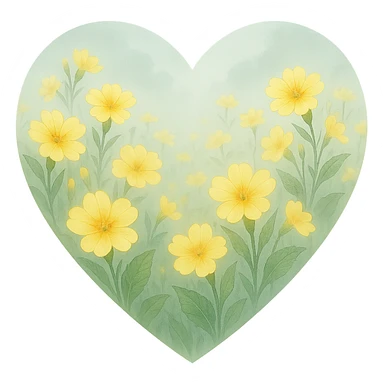 heart with a misty morning primrose field, clean digital illustration sticker