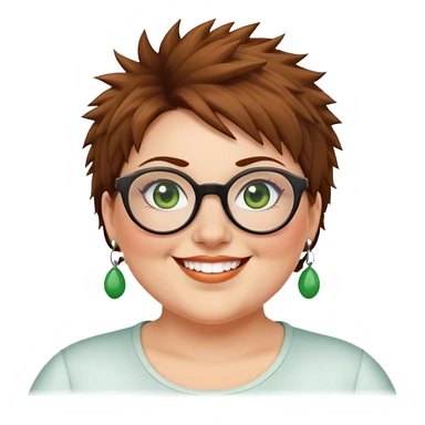  plus size white women round nose with short  brown shaggy spiked hair wearing glasses green eyes smiling sticker