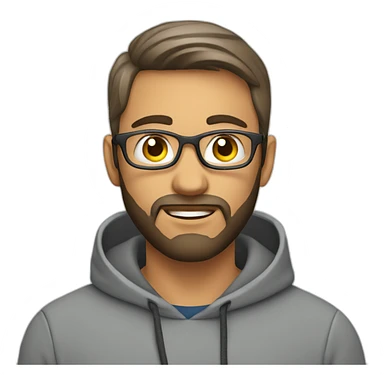A project manager in a gray hoodie and with a short beard in front of an apple laptop sticker