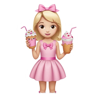A little girl with a Dunkin' milkshake and a donut with pink frosting and marshmallows, wearing a pink coquette-style dress with bows and blonde hair. sticker