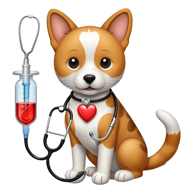 An icon featuring a stethoscope, a paw print, and a veterinary syringe, symbolizing veterinary medicine. The design includes a dog, a cat, and a heart, representing animal care, treatment, and health. Transparent background highlights the science of veterinary practice and animal welfare. sticker