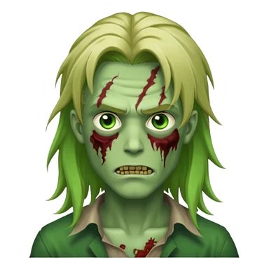handsome male zombie with green skin, dirty blonde long flowing anime hair, bright green eyes, slight smirk, iOS emoji style sticker