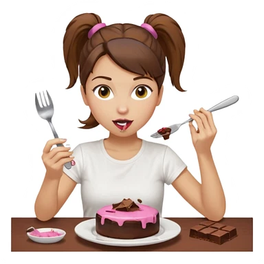 yellow-skinned woman with brown hair in a ponytail, wearing a white T-shirt. She’s sitting at a table, licking chocolate off a knife and holding a 'Banado' jar. On the table: a plate with crumbs, a fork, a glass of dark drink, and a pink lid. Simple brown background. sticker