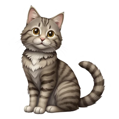 cinematic-[grey brown tabby cat]-realistic-full-body-sitting-emoji,-tail-curled-playfully-around-its-paws,-head-tilted-dramatically,-scruffy-[grey]-fur,-simplified-yet-realistic-focused-features,-highly-detailed,-glowing-with-an-almost-sarcastic-glow sticker