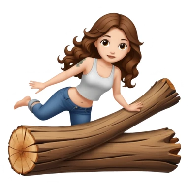 cute woman long wavy brown hair tattoos balancing on log sticker