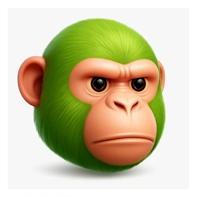 Create a chimpanzee emoji that looks exactly like the reference image in iOS emoji style. The emoji should have 3D appearance, shiny surface, smooth gradients, soft shadows, and realistic green fur on the chimpanzee face with a classic emoji look. Add a soft shadow under the face. sticker