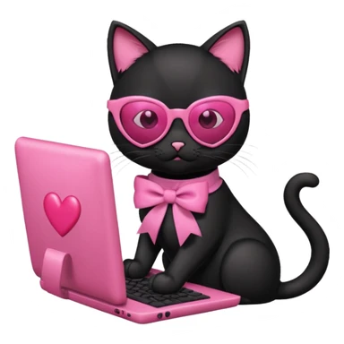 Black cat with pink ribbon and sunglasses doing pink computer with pink heart sticker