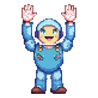 Retro video game character celebrating with arms raised sticker