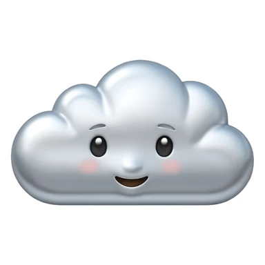 A cute cloud emoji made of silver chrome, smooth rounded shape, glossy metallic surface, soft reflections, minimal and friendly design, iOS emoji style, centered, clean white background, soft lighting sticker