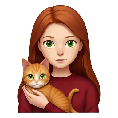  a girl with straight long brown hair, green eyes, she is wearing dark red sweater she has a scar on one eyebrow, and she is holding a ginger cat in her hands. It has yellow eyes. sticker