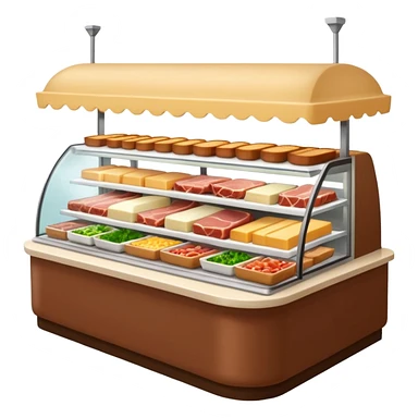 A 3D cartoon deli counter filled with meats, cheeses, and salads, bright lighting, Memoji-style realism. sticker