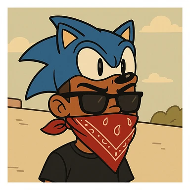 slick warm brown skinned boy with raised eyebrows, Sonic hat, sunglasses, and a bandana over his mouth, cartoon style sticker