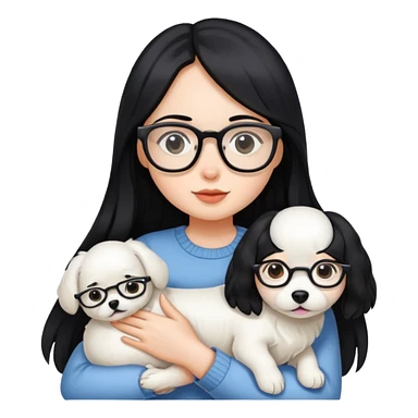 A girl with long black hair and glasses holding a white dog sticker