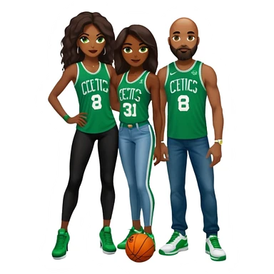 48-year-old dark skin black woman with brown eyes, long dark brown hair dressed in sexy 
celtics jersey costume outfit wearing stilettos. A white bald White man with orange beard and has blue/green  eyes, wearing a Jason Tatum Boston Celtics Jersey, jeans & green Nike sneakers  sticker