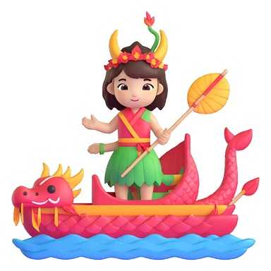 A chibi girl dressed as a dragon boat drummer, holding soft pastel drumsticks, standing in a fluffy dragon boat, colorful festival ribbons flying, sparkles and cute mini fish swimming below, soft pastel colors, watercolor texture, transparent background sticker
