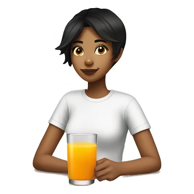 A girl with short black hair wearing a white t-shirt, drinking orange juice and a glass sticker