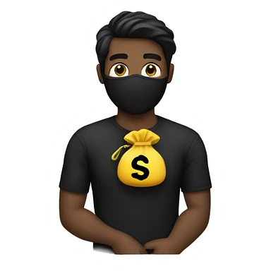 Man with a black mask lined shirt and a money bag on his shoulder sticker